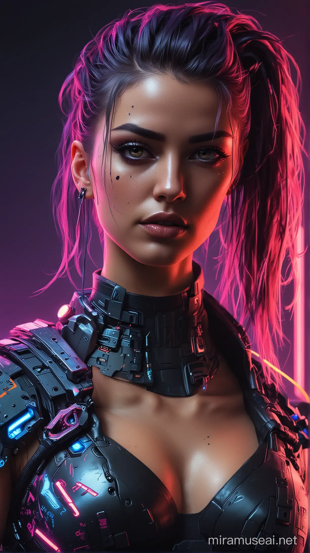 Cyberpunk Woman Surrounded by Neon Lights