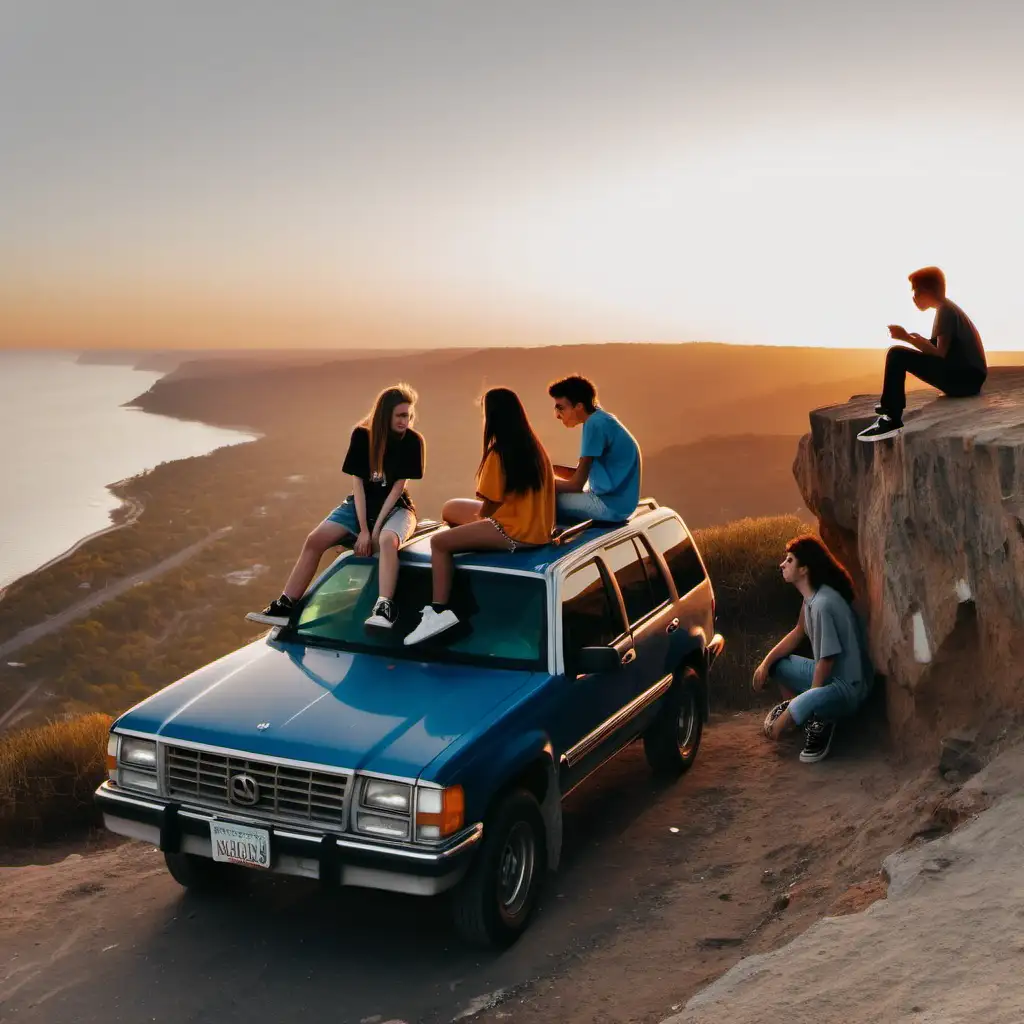 teenagers hanging out on a cliffside at sunset, sitting on a car