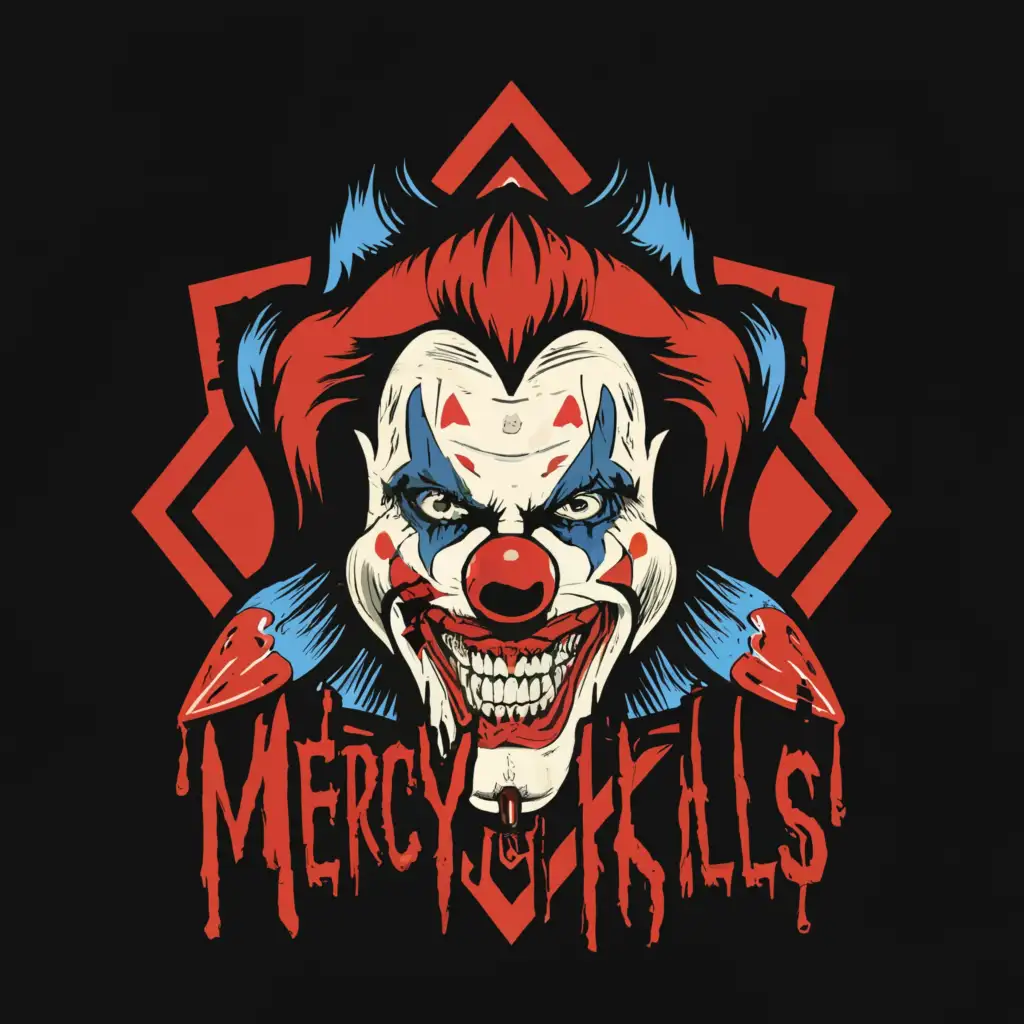 a logo design,with the text "Mercy Kills", main symbol:Scary Clown/Poker/blood,complex,clear background