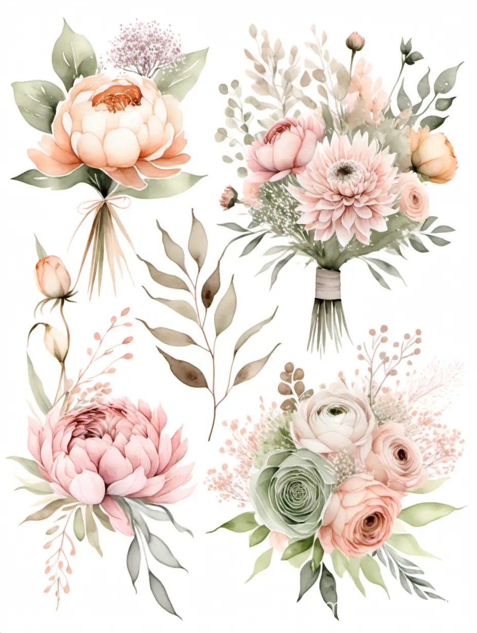 Watercolor bouquets with peony, roses, dhalia and babys breath in pink and peach neutral tones with sage green foliage. isolated on white background