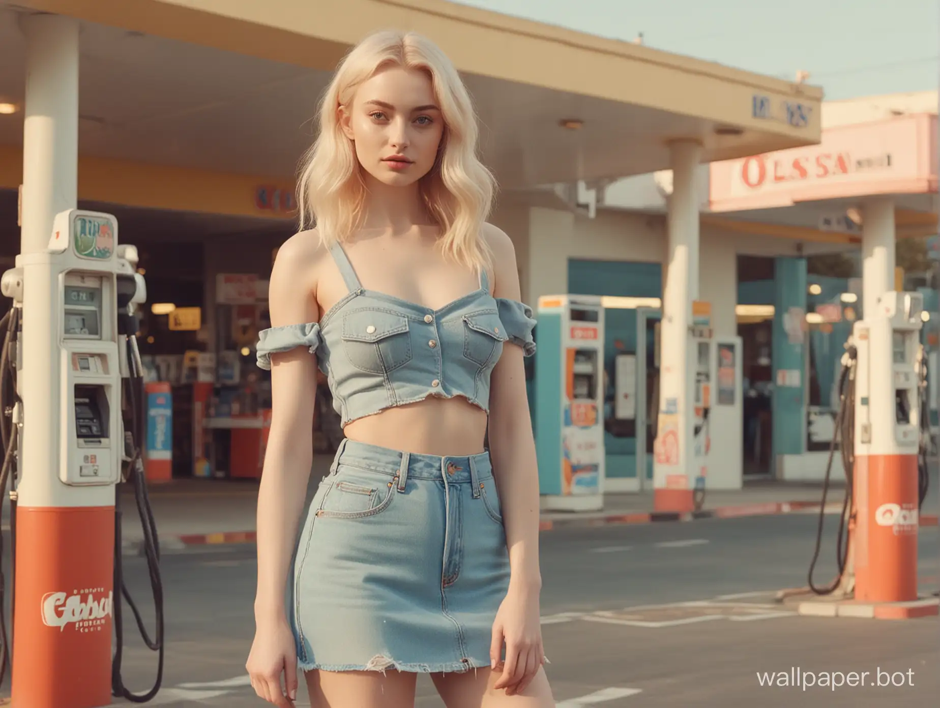 a woman wearing a mini cropped top and lower miniskirt jeans standing in front of the gas station, in the style of Oleg Oprisco, video, Jocelyn Hobbie, soft, muted tones, close up, wavy, sophie turner.