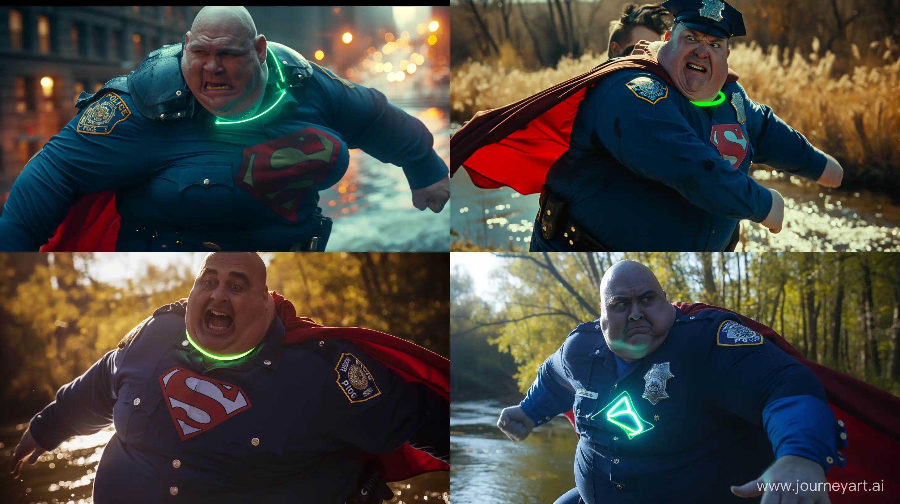 Close-up photo of a fat man aged 60 wearing a navy police uniform. Tackling from behind a fat man aged 60 wearing a tight blue 1978 superman costume with a red cape  and a tight green glowing neon dog collar. Natural Light. River. --style raw --ar 16:9