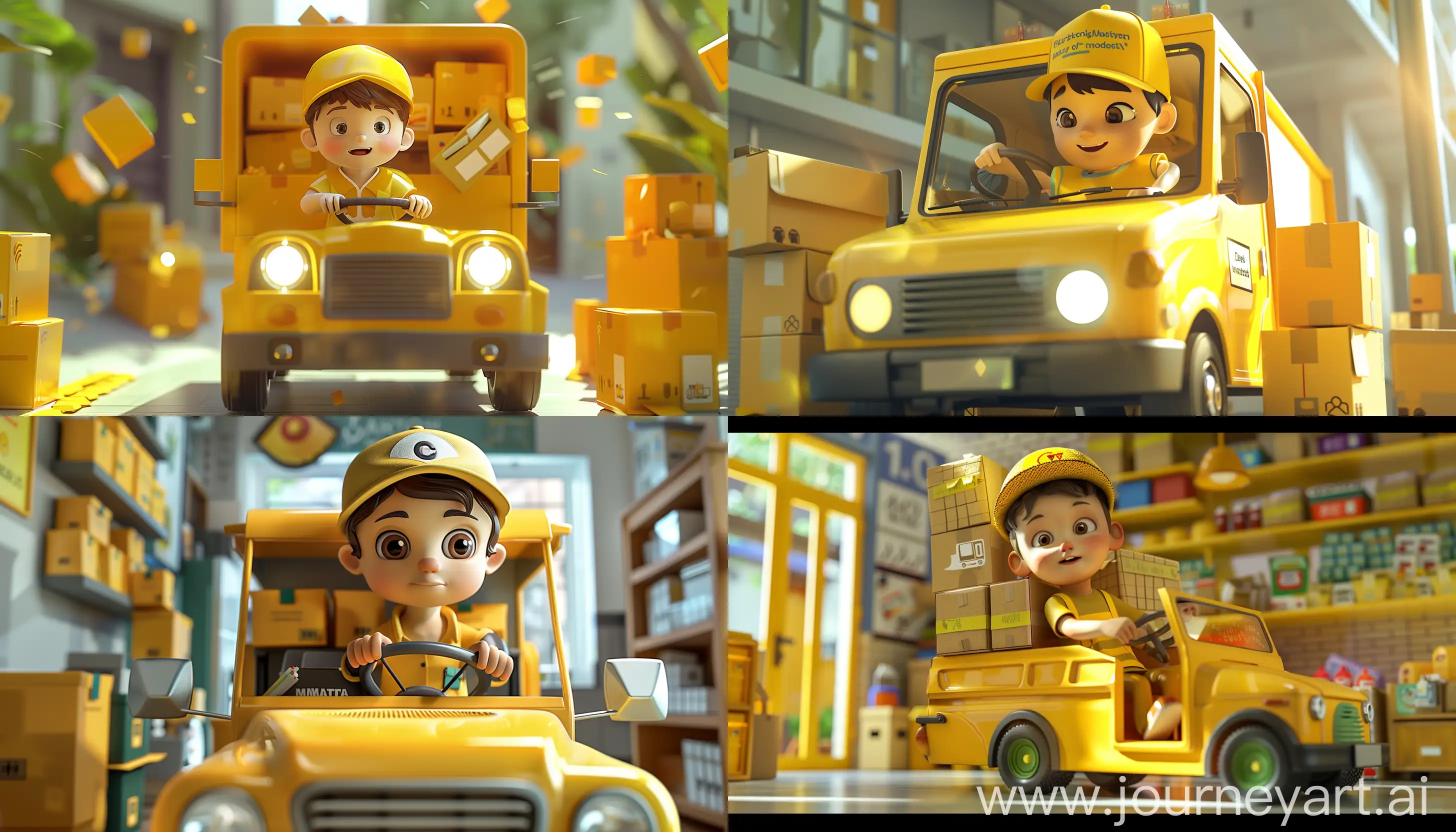 banner with marketing strategies, a boy wearing a cap and yellow clothes driving a mail truck, banner with a theme and background with variations of yellow, using as an example the best online store banners, placing some boxes as elements of the scene, using the best design techniques, lighting, color from the best animations in the world, using ray tracing techniques, 4k image, best CGI; --ar 21:12 --v 6.0