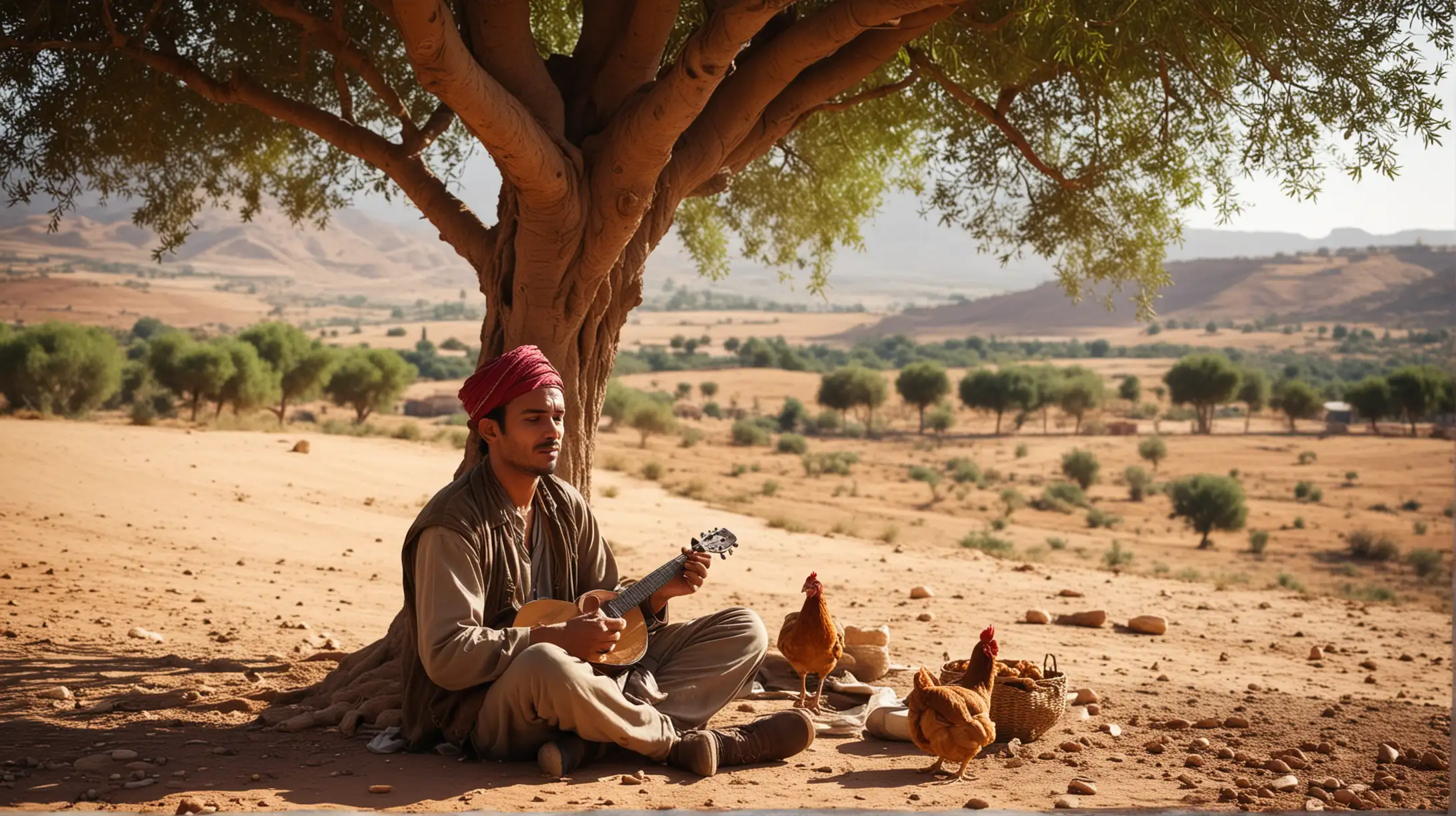 lonely Moroccan musician,, sits under a tree, at the side of a path in the country side, eating chicken with his hands, a traditional Moroccan village can be seen in the distance, midday light, cinematic, close-up shot
