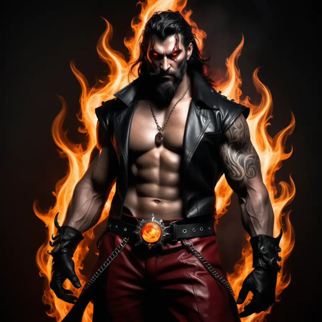 Physical Appearance: Asmodeus possesses a muscular and imposing build, standing tall with a commanding presence. His features are rugged and chiseled, with a strong jawline and piercing amber eyes that seem to flicker with inner flames. His skin is bronzed and tanned, hinting at his affinity for fire.

Attire: Asmodeus favors attire that reflects his fiery nature, often clad in dark red or crimson garments that evoke the hues of smoldering embers. He wears a sleeveless leather vest adorned with intricate flame motifs, revealing his muscular arms adorned with tribal tattoos depicting flames and infernal symbols. His pants are form-fitting and reinforced for mobility, with metal buckles and studs adding to his rugged appearance.

Accessories: Asmodeus accessorizes with various items that enhance his fiery persona, including a leather belt adorned with brass buckles and chains, and fingerless gloves crafted from flame-resistant materials. He also wears a pendant shaped like a roaring flame, symbolizing his affinity for fire.

Hair and Grooming: Asmodeus' hair is thick and unruly, with fiery red strands that seem to dance and flicker like flames in the wind. He sports a rugged beard and stubble, adding to his rough and primal appearance.

Expression: Asmodeus typically wears a fierce and determined expression, with a steely gaze that betrays his inner strength and determination. His lips often curl into a confident smirk, exuding an aura of self-assuredness and power.

Aura: An aura of smoldering heat and intensity surrounds Asmodeus, with wisps of smoke and flickering flames emanating from his body. The air shimmers with waves of heat in his presence, and the scent of burning wood and sulfur lingers in the air.