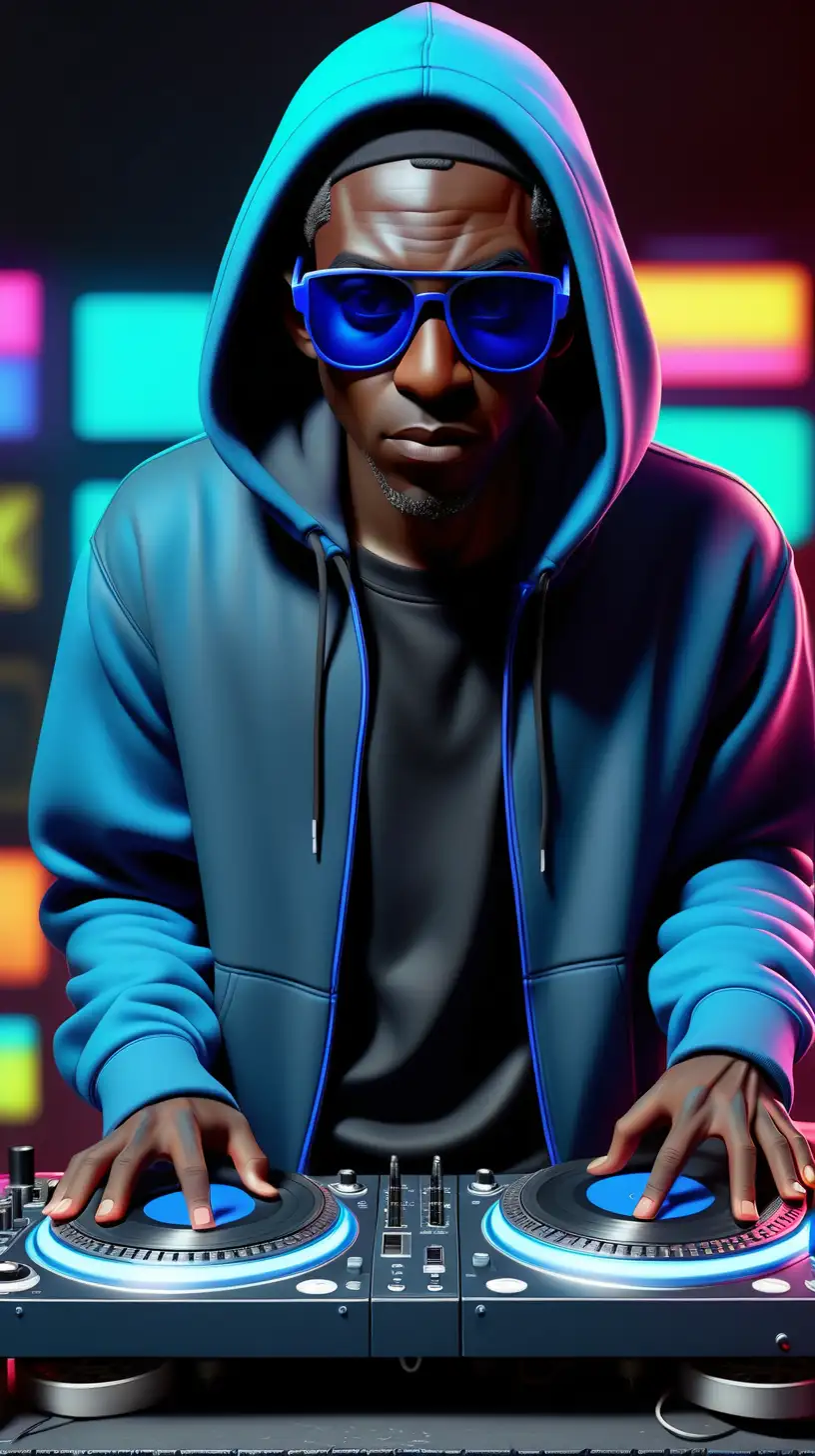 view straight ahead, Black man wearing Dystopian outfit, wearing black hoody, wearing Blue shades, mixing on two turntables, Facing the camera, High definition, 8k resolution Bright neon colors