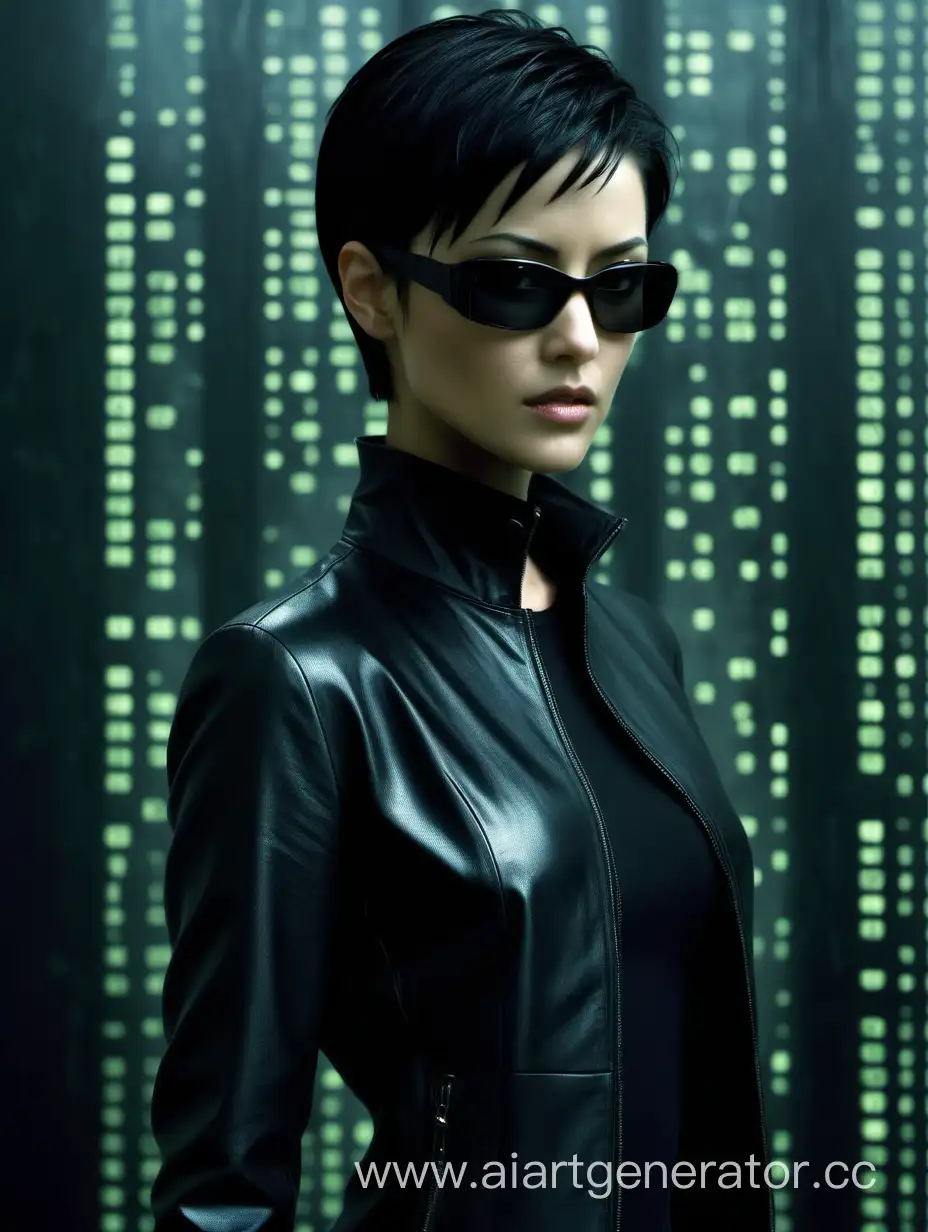 movie matrix, black short hair, black glossy jacket, black glasses. A room with high detail and resolution