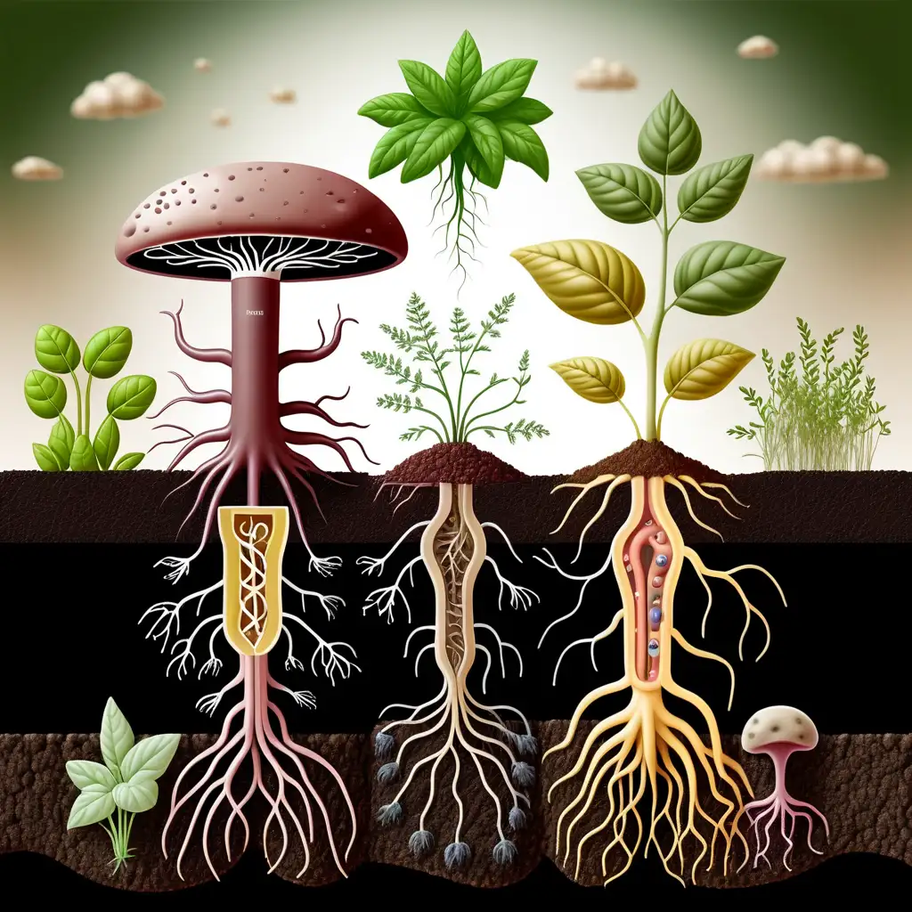  microbes under the soil  showing the soil food web divide into two with plants above.  show the roots.  show the herbs above in a full garden.  show the microbes below the protozoa including fungi, nematodes, aemobeas and bacteria  no words
