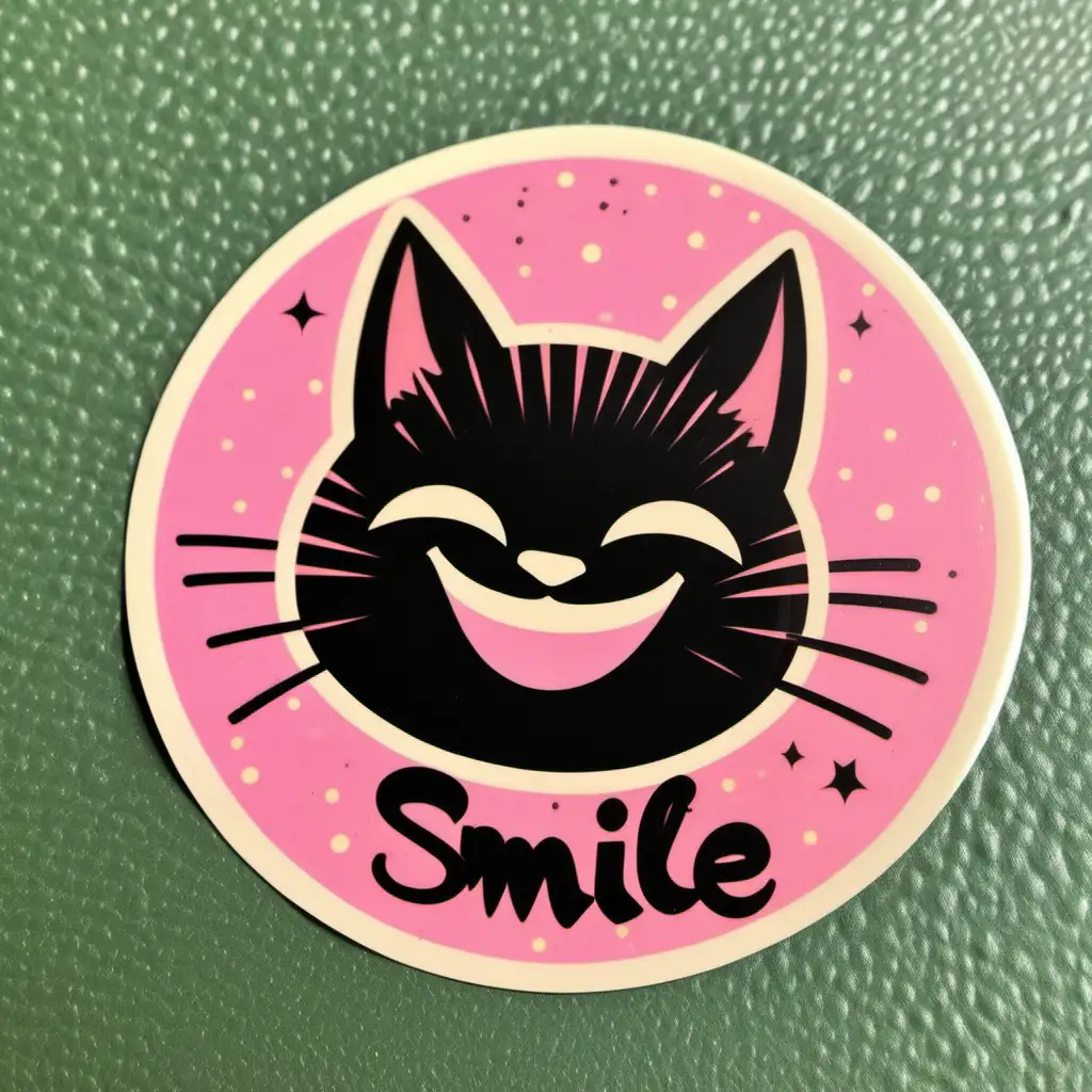 1980s, Vintage Sticker, Trend Sticker, Smile, round sticker,  intricate, shiny, happy, black cat