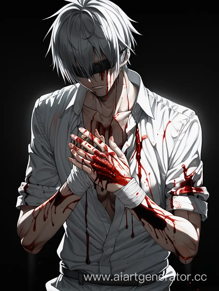 Аниме Мужчина с повязкой закрывающей его глаза, на руках кровавые раны, одет в тонкую белую рубашку, смотрит на яркий свет, на фоне тьма