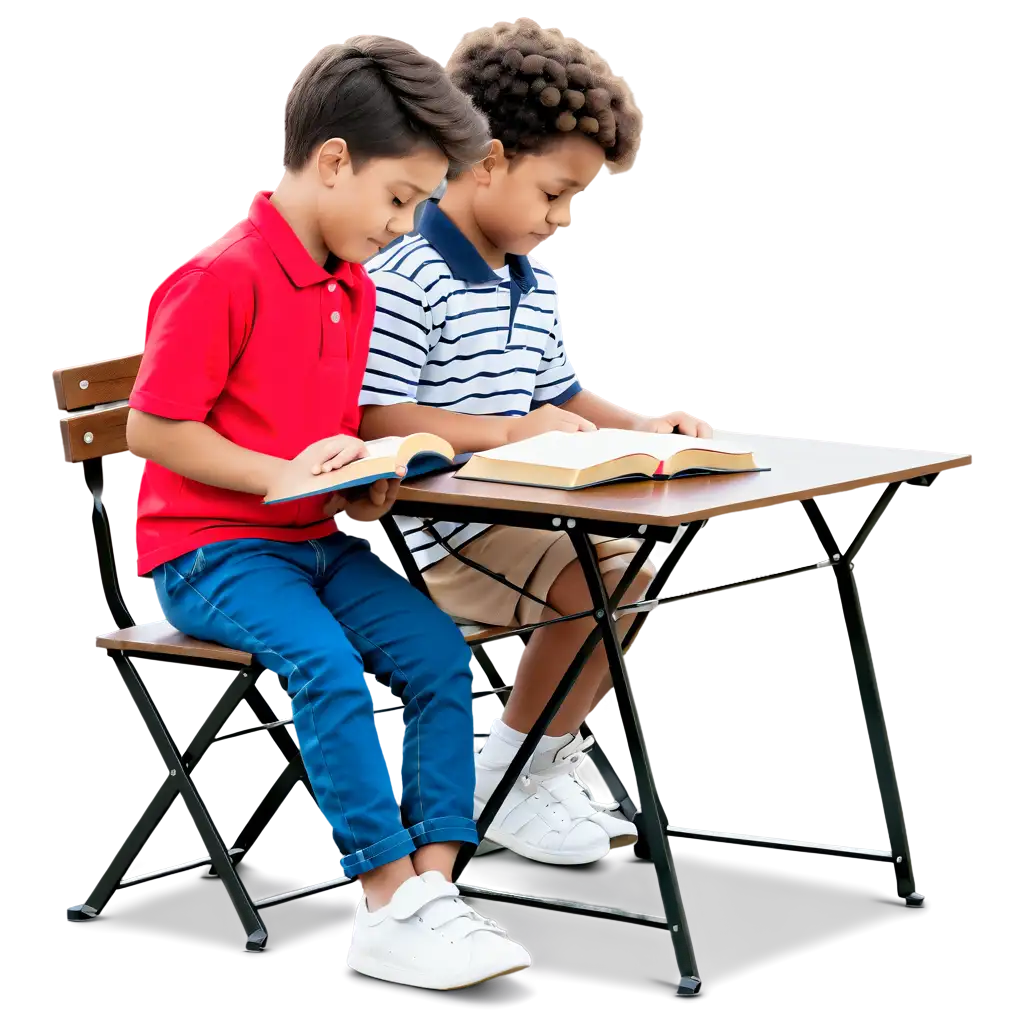 Two young children sitting at a table each reading a Bible at a Bible club meeting