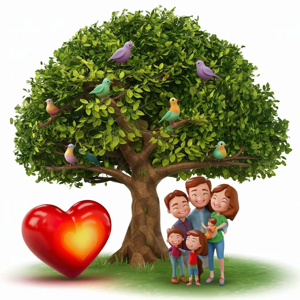 Create a 3D illustrator of an animated scene of The thumbnail features symbolic elements representing life's essentials: a tree symbolizing growth and strength, a heart for love and relationships, a happy family. These images are harmoniously arranged, conveying the importance of growth, love, learning, and exploration in life, aligning with the video's theme.