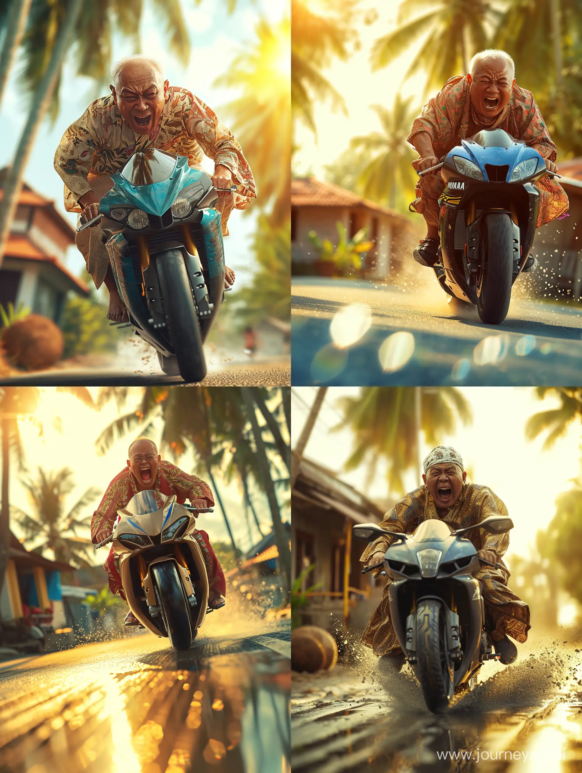 ultra realistic, close up a Malay uncle riding a yamaha R1 superbike wearing sarong cloth, baju melayu and songkok. Uncle screamed with pleasure. Background of Malay village and coconut trees. refraction of morning sunlight. canon eos-id x mark iii dslr --v 6.0