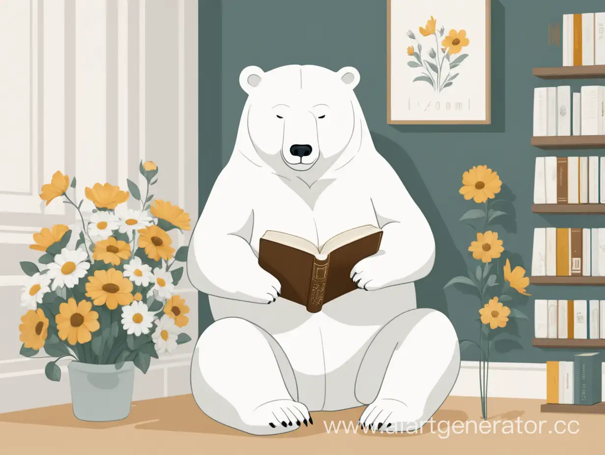 Белый медведь сидит в комнате с книгой и учиться. Вокруг цветочки мудрости. Минималистический стиль.