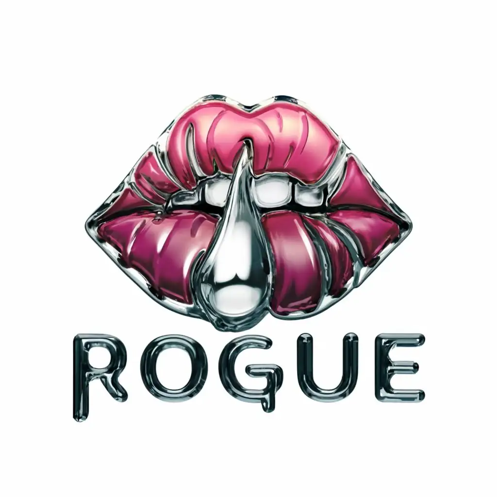 a logo design, with the text 'ROGUE', main symbol: pink lips biting and water drooping from lips and logo in the middle with the vampire silver teeth with white background with diamond words ,complex, clear background