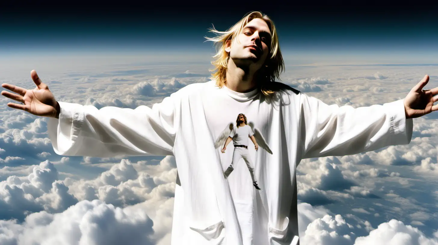 Kurt Cobain dressed in white clothes in heaven with his signature poses above the clouds