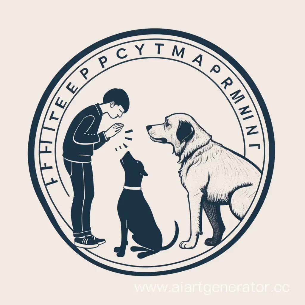 Логотип проектной команды: "Теория темпераментов". На фото человек и домашняя собака, столкнувшиеся лбами, в профиль, выражают разные эмоции. Над ними по кругу надпись: "Теория темпераментов".