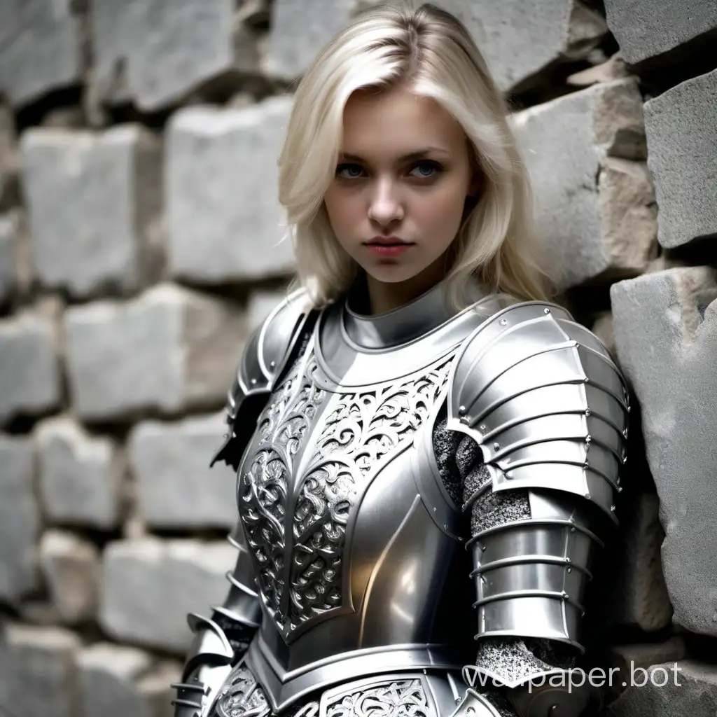 girl, blonde, 25 years old, girl knight, girl in armor, silver armor with pattern, against a stone wall