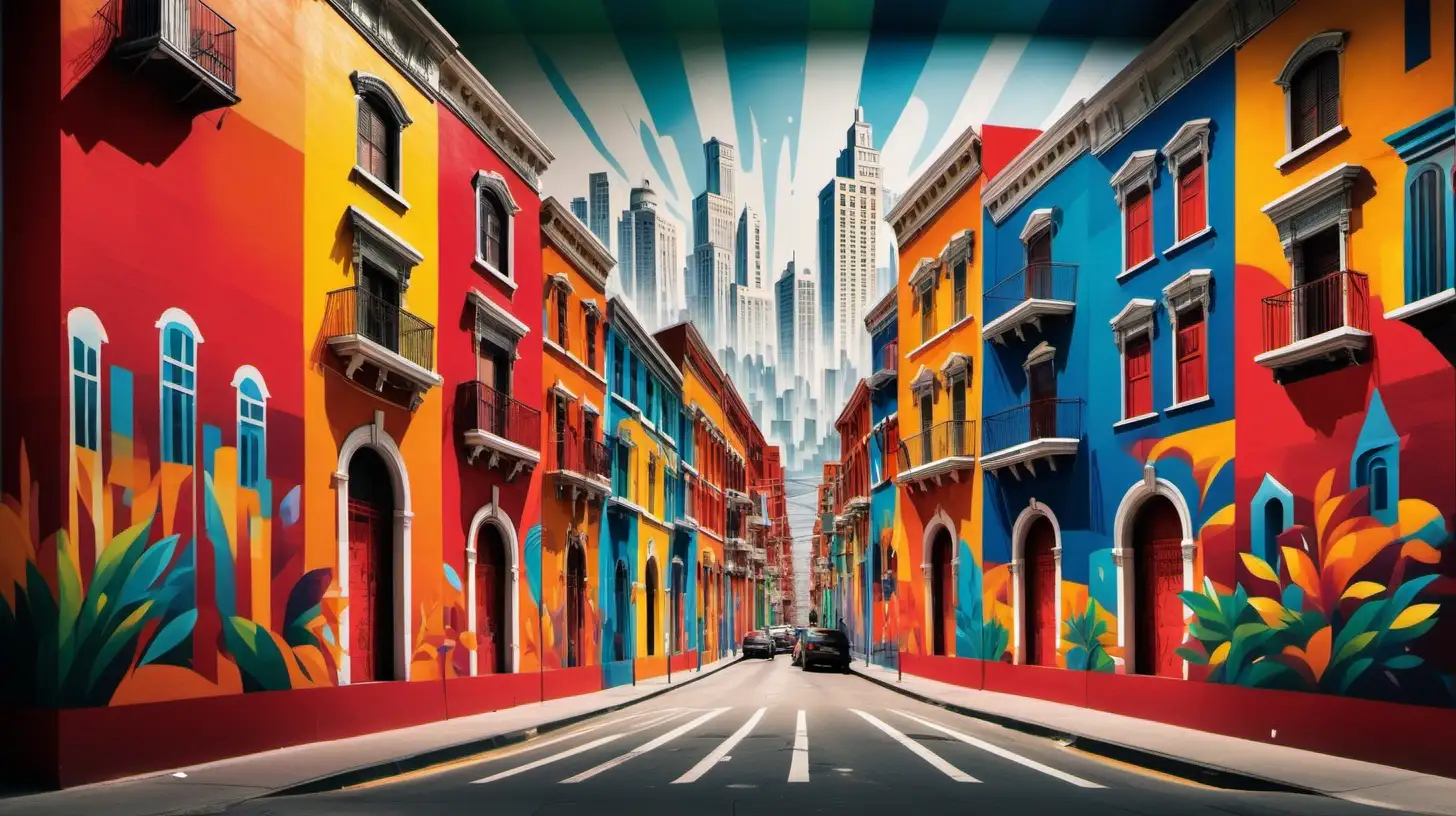 Create an image of a vibrant cityscape where colorful murals adorn the walls of buildings, each painting telling a unique story of the city's culture and history.