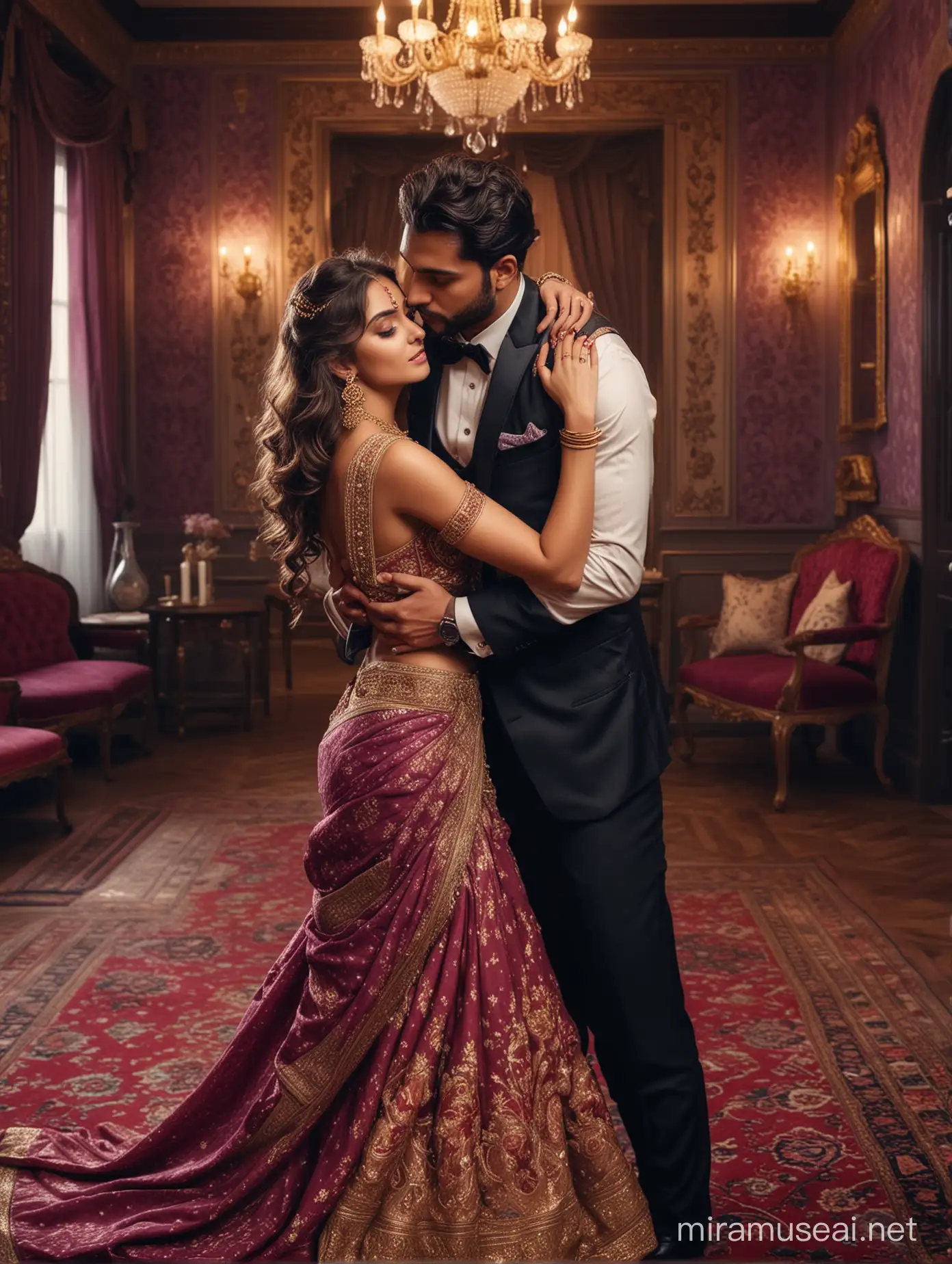 Elegant Indian Couple Embracing in Dimly Lit Palace Interior