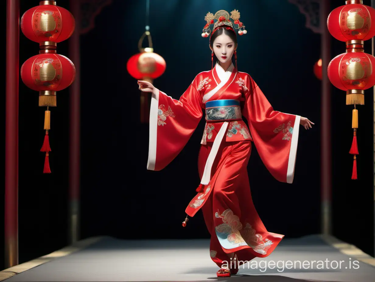 A slender oriental beauty wearing a red hanfu is walking on the T-stage, with spotlights shining on her from both sides of the central position. She wears magnificent oriental ornaments on her head, embroidered Chinese shoes on her feet, and a decorative object hanging from her waist resembling a royal pendant.