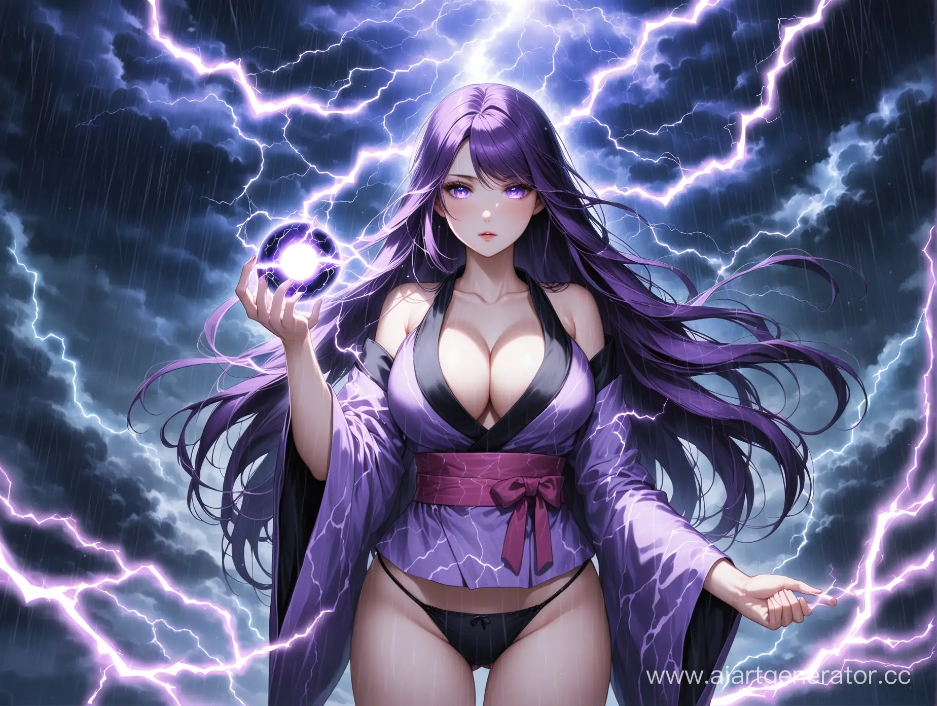 beautiful very pale woman, very long purple hair, purple eyes, short white blue and pink kimono, visible black panties, big cleavage visible shoulders, holding black hole in hand that is lighten up with electricity, lightning in black clouds, it is raining