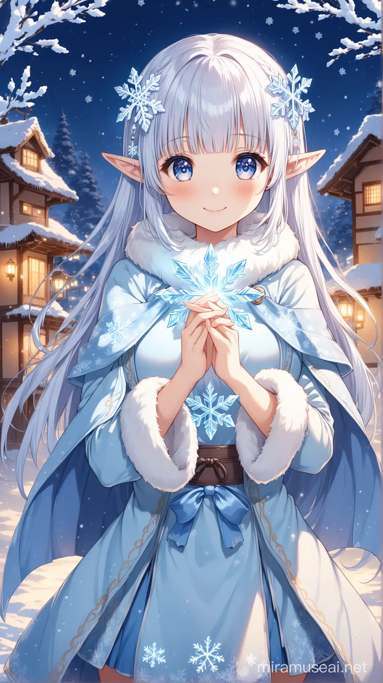 Ayaka Kamisato, High-quality anime illustration of a cute and beautiful elf girl, elf ears, silver white hair, very long straight hair down, blue eyes, wearing a cute light blue winter coat, soft and gentle expression, detailed hair, cute and kawaii expression, magical atmosphere, anime, detailed eyes, fluffy design, fur trim, professional, 8k, hd, high resolution, best quality, warm lighting, cute, smiling at viewer, innocent, medium breasts, thighs, snowflake hair ornament, ice, icicles, beauty, snow beauty, ice elf princess, petite body, hands clasped together, performing ice magic, magical glowing burst of magical energy