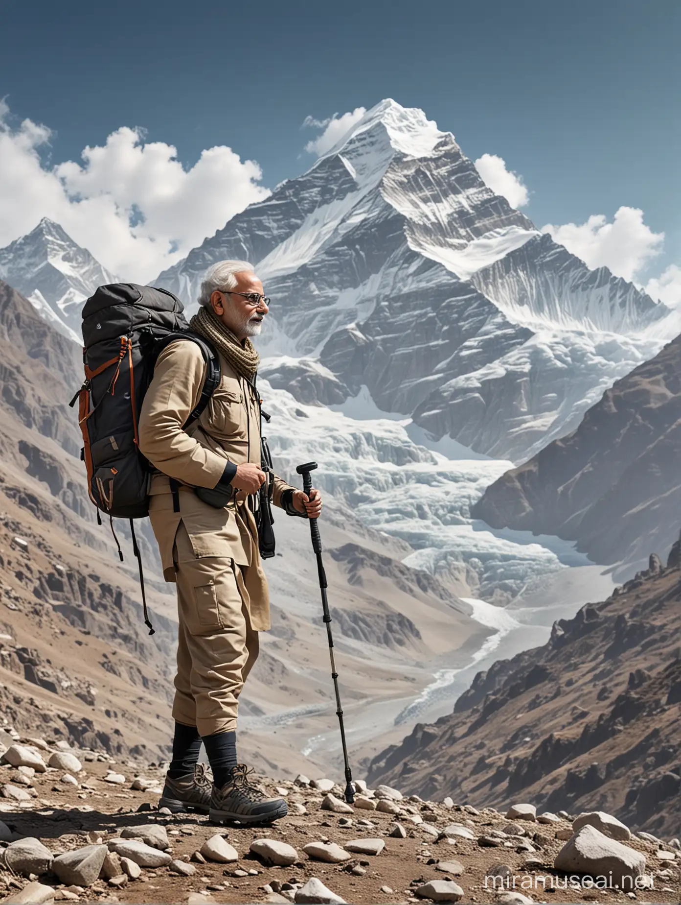 Create a realistic AI image of the Indian Prime Minister going for trekking in the Himalayas. Show the Prime Minister dressed in trekking attire, wearing a backpack and carrying a trekking pole. Include a water bottle hanging from the backpack, indicating preparedness for the trek. Capture the majestic Himalayan landscape in the background, emphasizing the Prime Minister's adventurous spirit and love for nature
