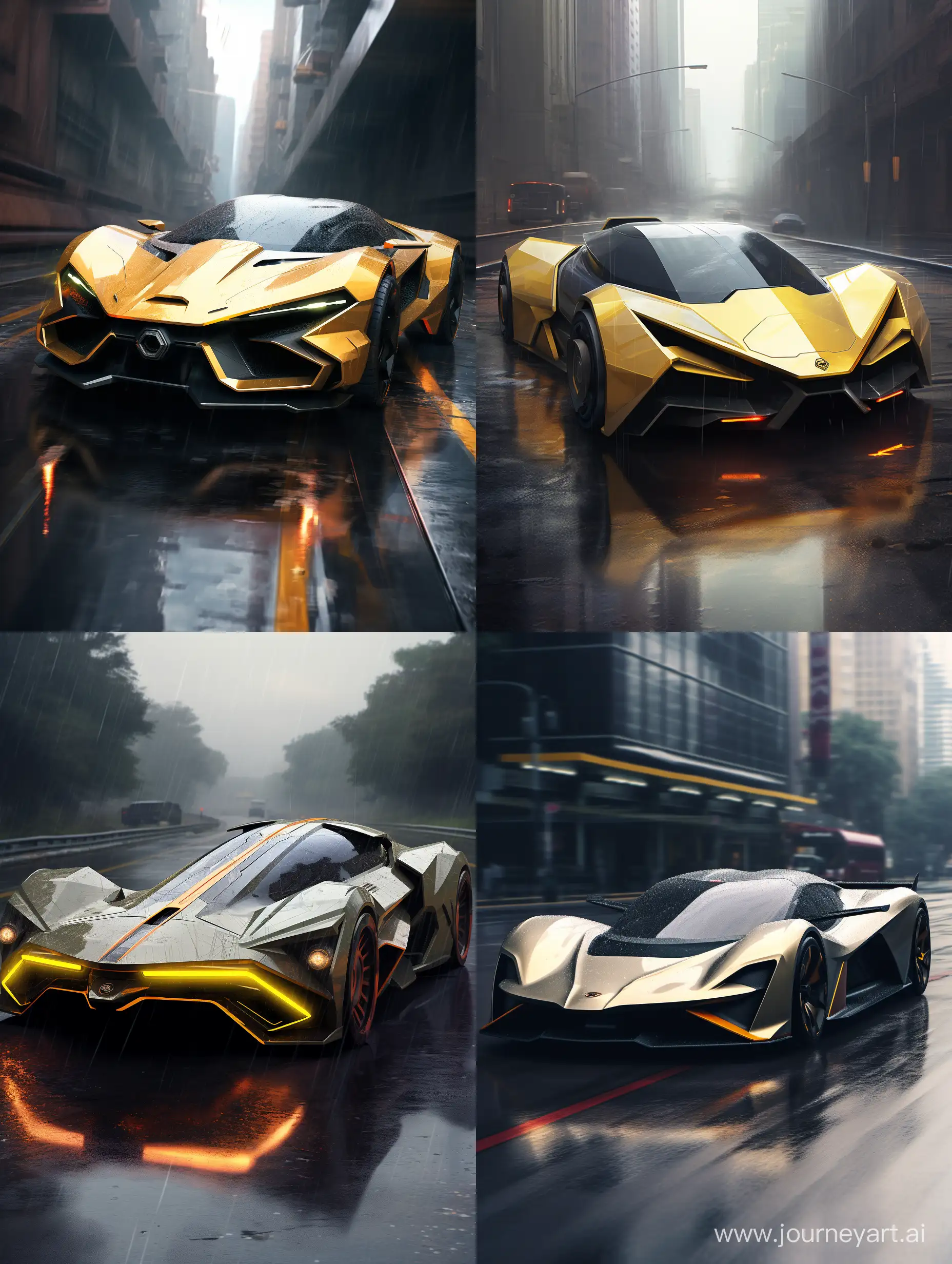 Futuristic-Yellow-Lamborghini-Truck-Cruising-Through-Rainy-Streets