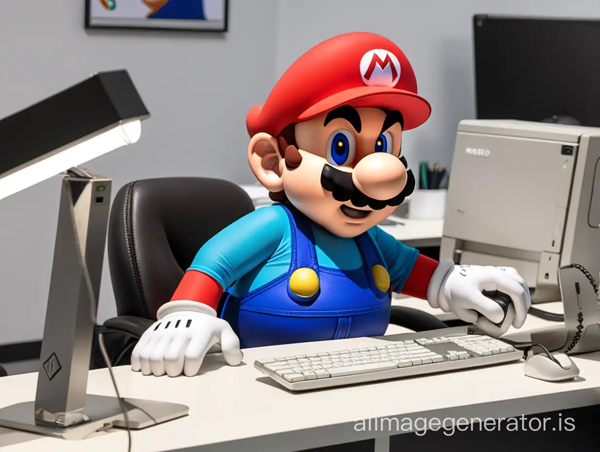 Mario working at a computer desk in an office
