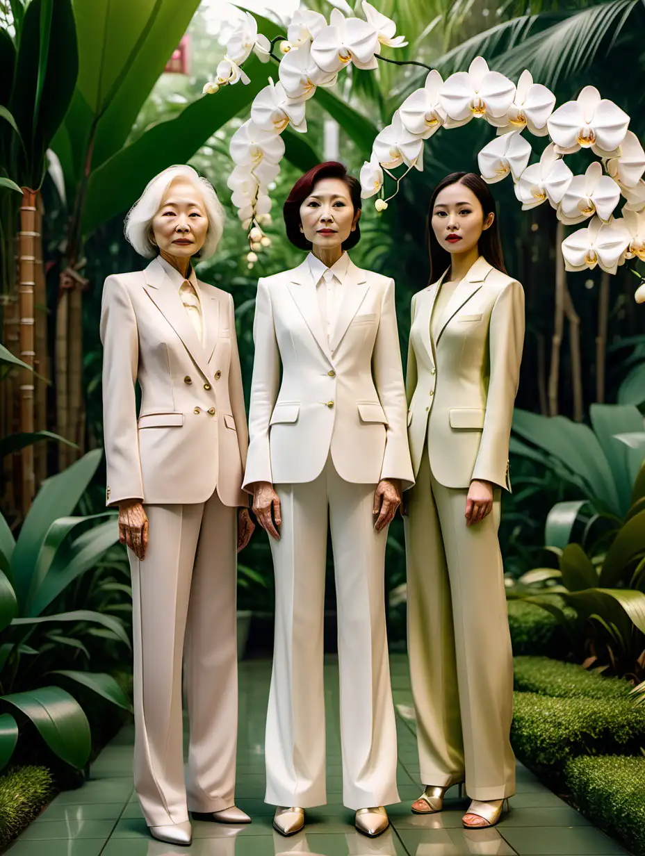 Three Generations of Chinese Women in Futuristic Pantsuits Amid Luxurious Palm Garden