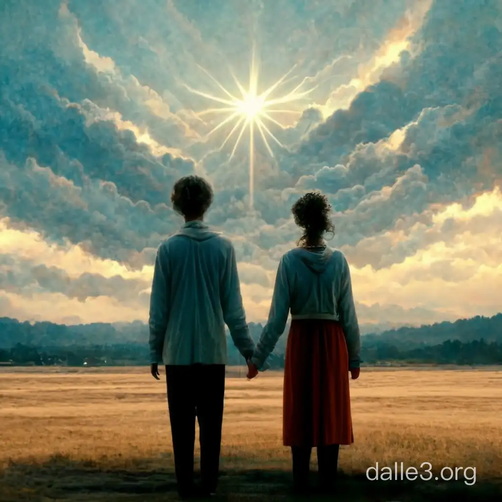 highly detailed, digital art, photo of a man and a woman holding hands, standing with their backs facing the camera, gazing up at the sky, daylight