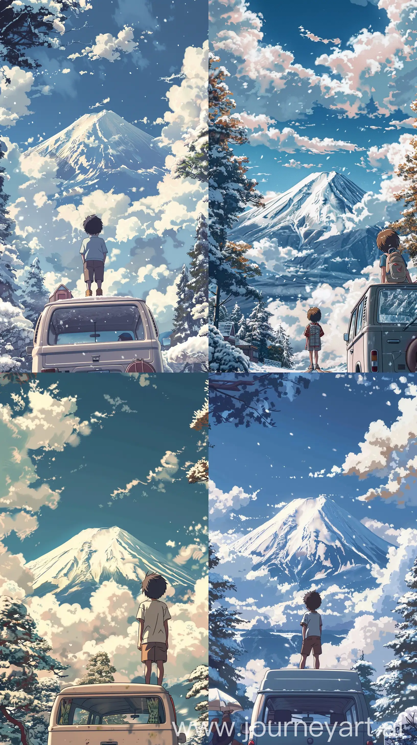 !mj1 Anime Japanese young boy, back facing view, standing on a traveling van, gazing at fluffy clouds in the sky and snow-capped mountain, nearby trees laden with snow, in the style of Studio Ghibli --ar 9:16 --v 6