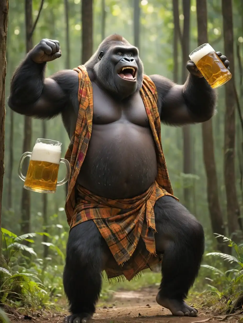 Joyful Indian Gorilla Dances with Giant Beer Jug in Forest