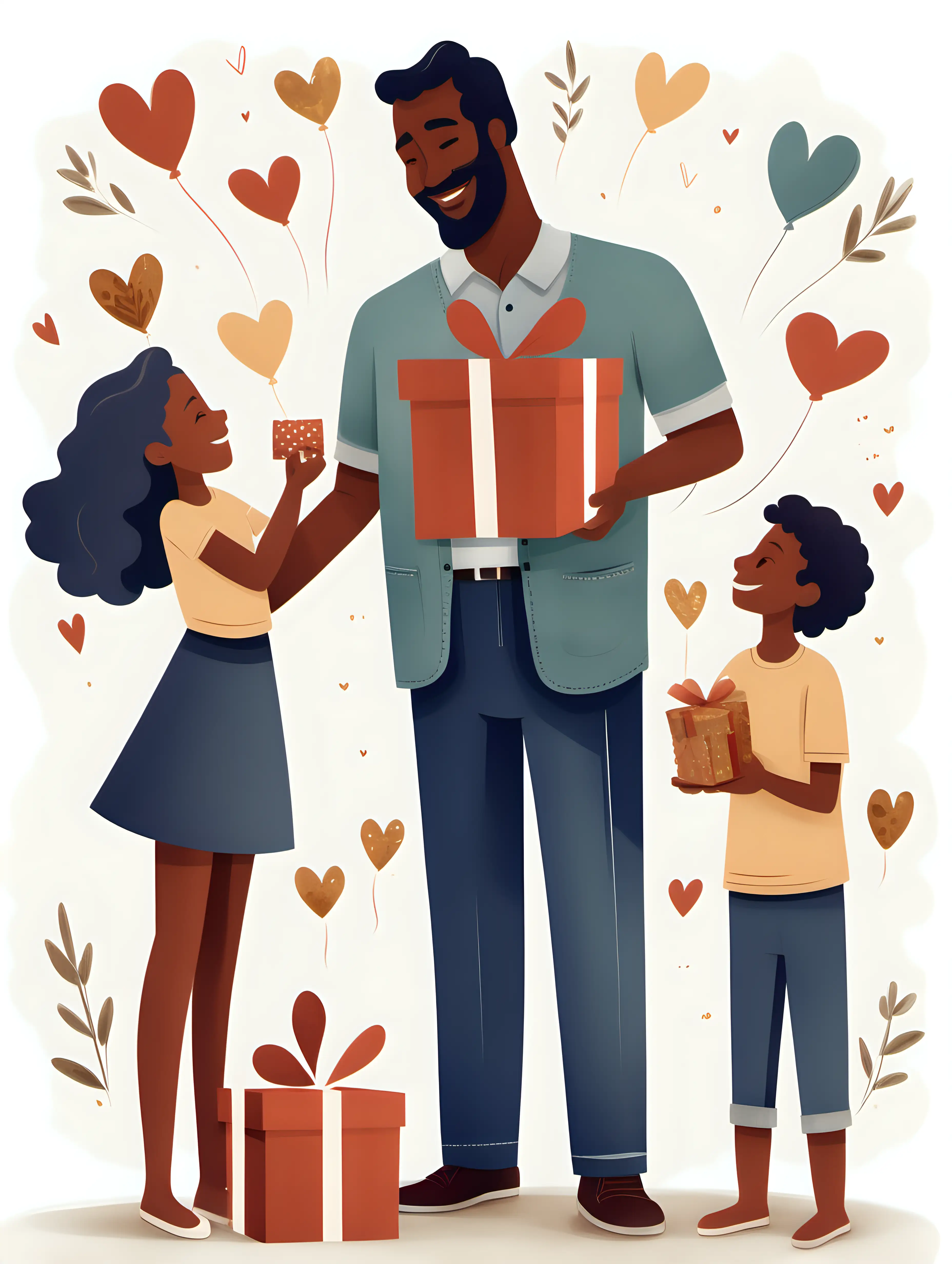 An artistic depiction of a father figure receiving gifts and tokens of appreciation from his children, such as handmade cards, artwork, and thoughtful gestures, highlighting the love and gratitude expressed on Father's Day.