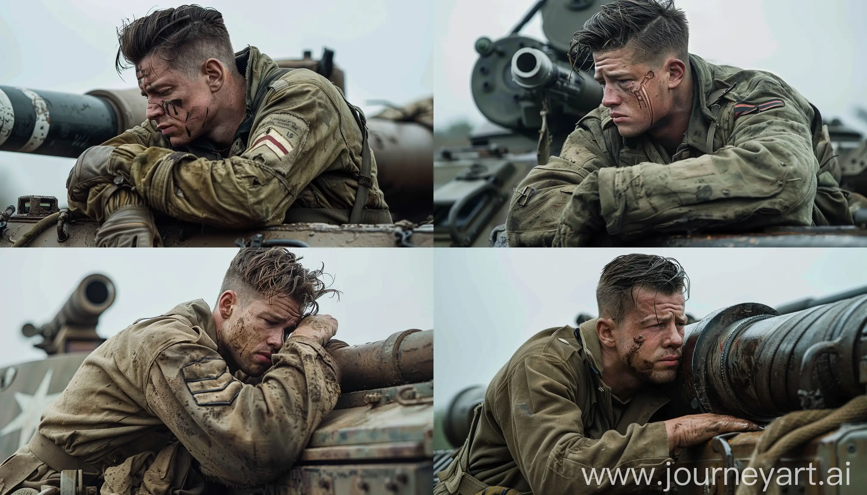 A sad soldier leaning on the tank's cannon Filmed with the Arri Alexa Mini LF digital cinema camera--sref https://get.wallhere.com/photo/people-Person-Brad-Pitt-Fury-man-beard-male-facial-hair-86624.jpg --v 6 --style raw --ar 7:4