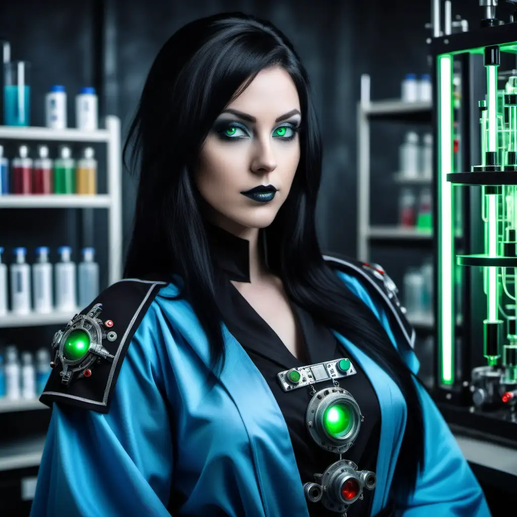 Adepta Sororitas Member in Blue Robe with Mind Control Device in Laboratory Setting