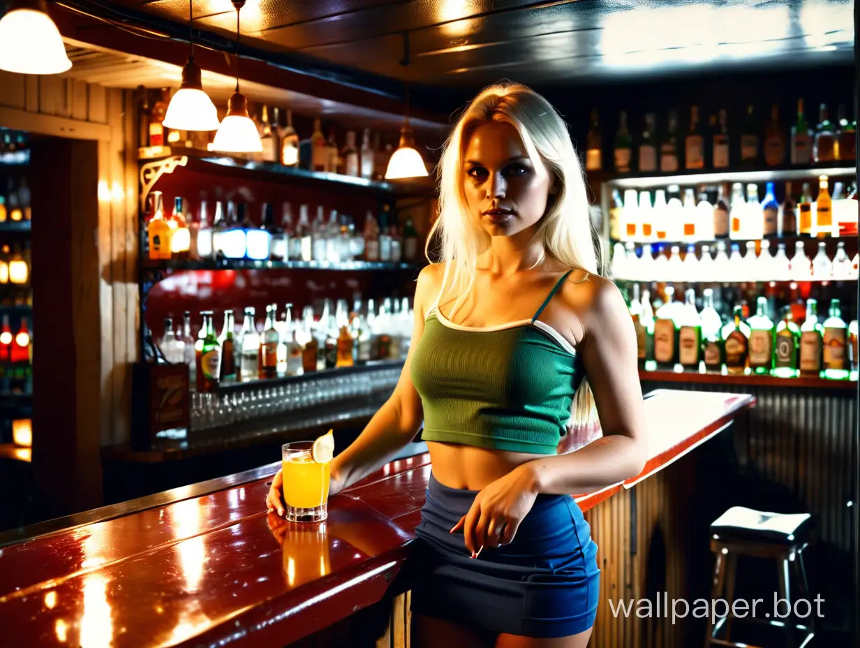 In the background is a dimly lit bar, lots of atmosphere. Standing behind the bar is a beautiful Swedish woman wearing a crop top and short skirt. She has a drink in her hand