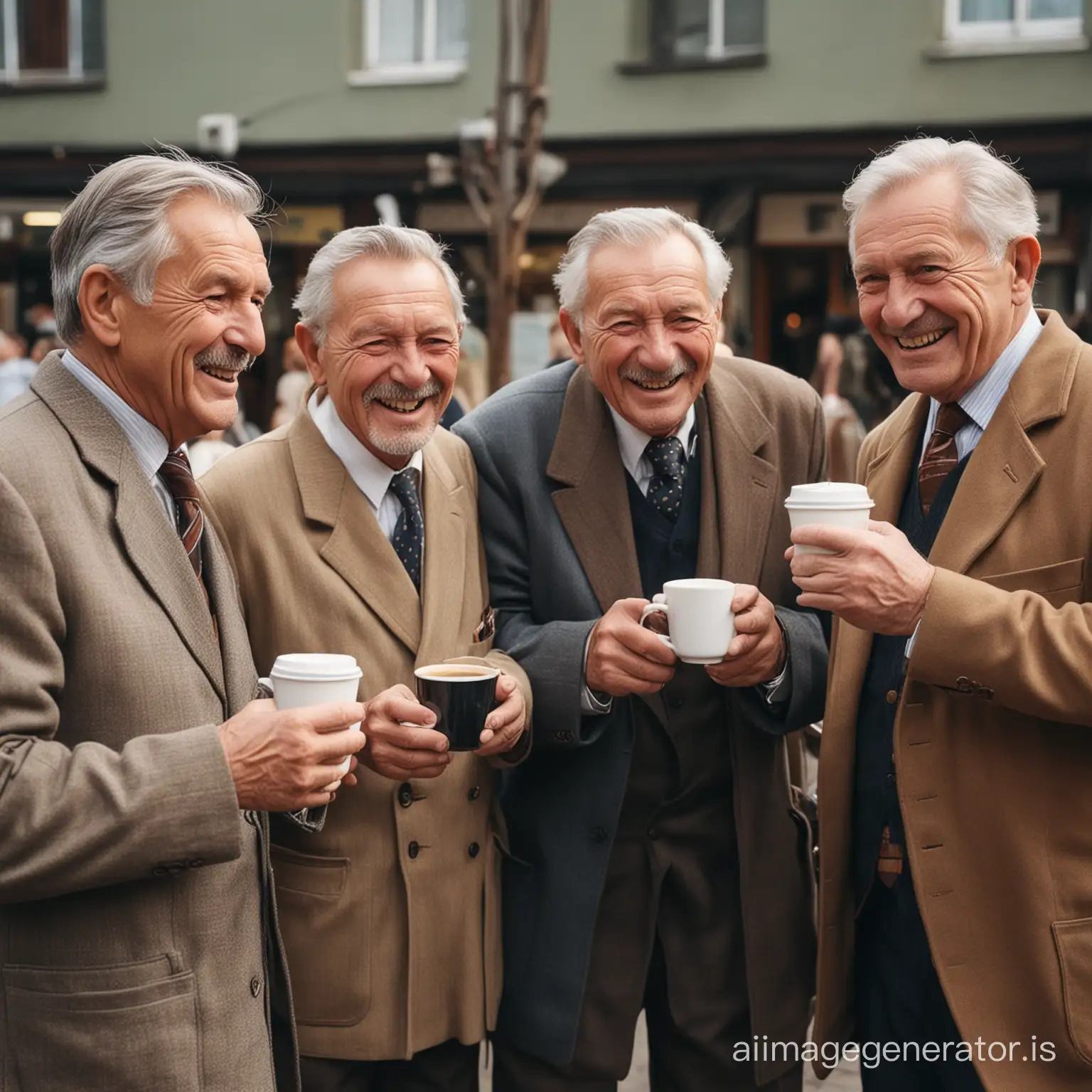 A group of well-dress elderly men, shot height, having coffee