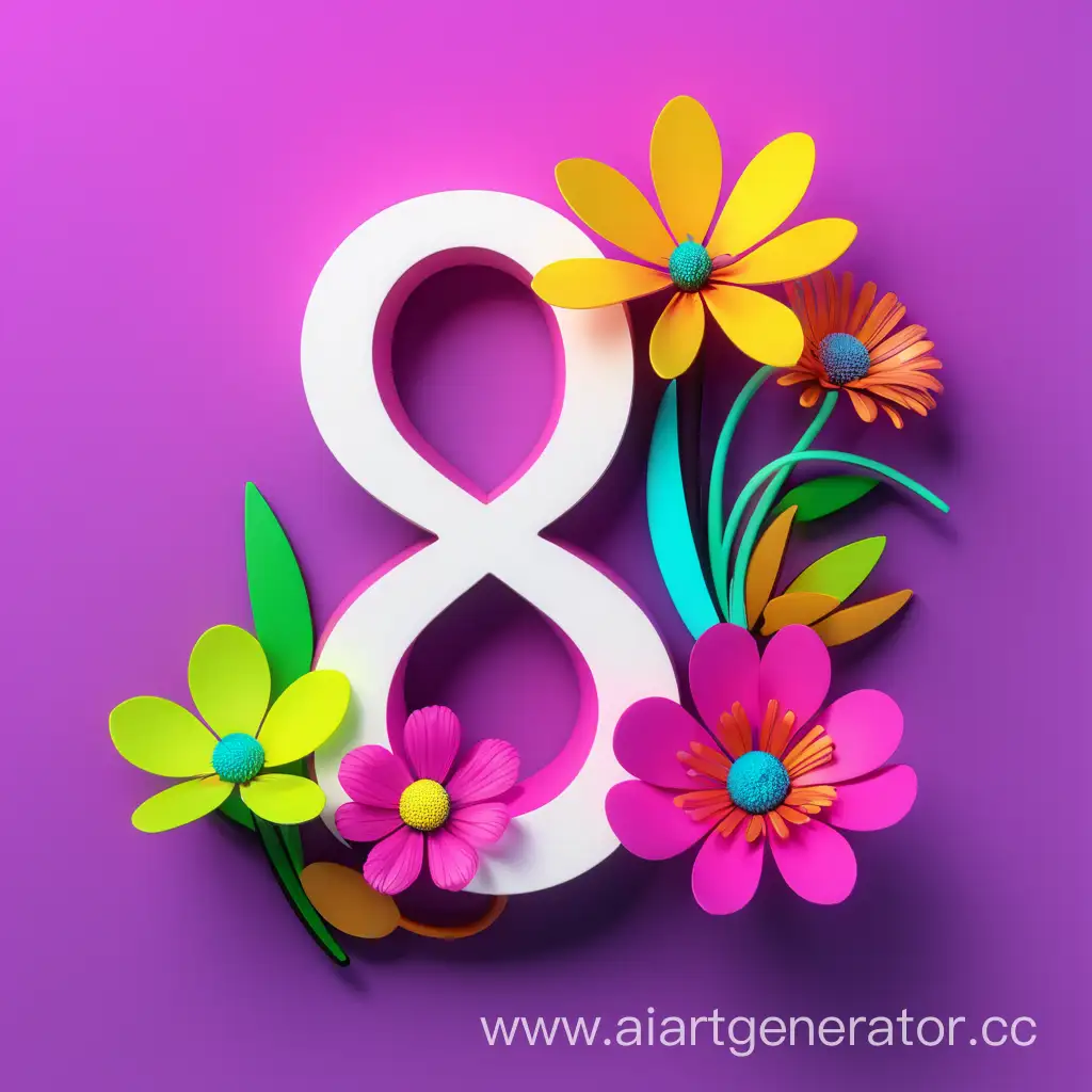 Надпись "8 марта", цветы неоновые, минималистичный дизайн