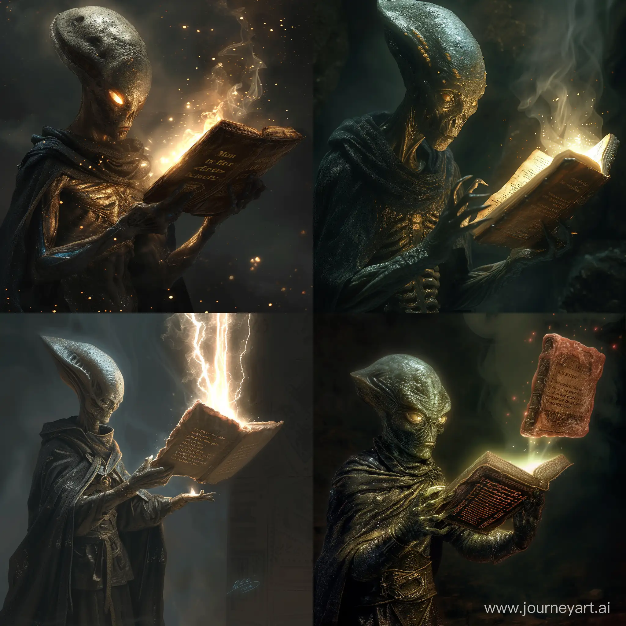 alien-sorcerer, conjuring up power from a floating, old skin-bound book, dramatic lighting, highly detailed
--ar 16:9