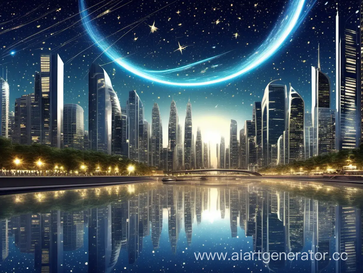 the city of the future, under the dome of bright sparkling stars at night, rivers and beautiful tall buildings flow around