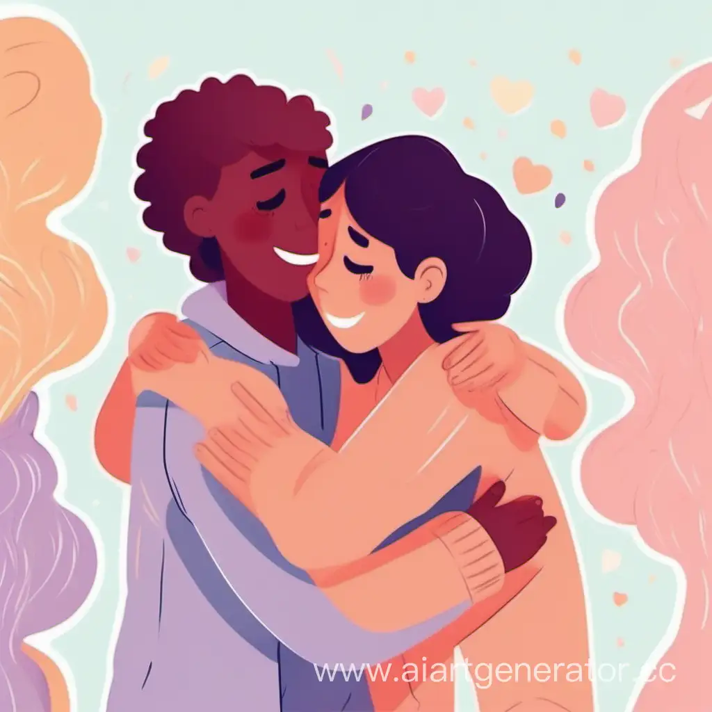 иллюстрация где друзья душевно общаются друг  с другом и обнимаются счастливы 
цвета нежные и пастельные