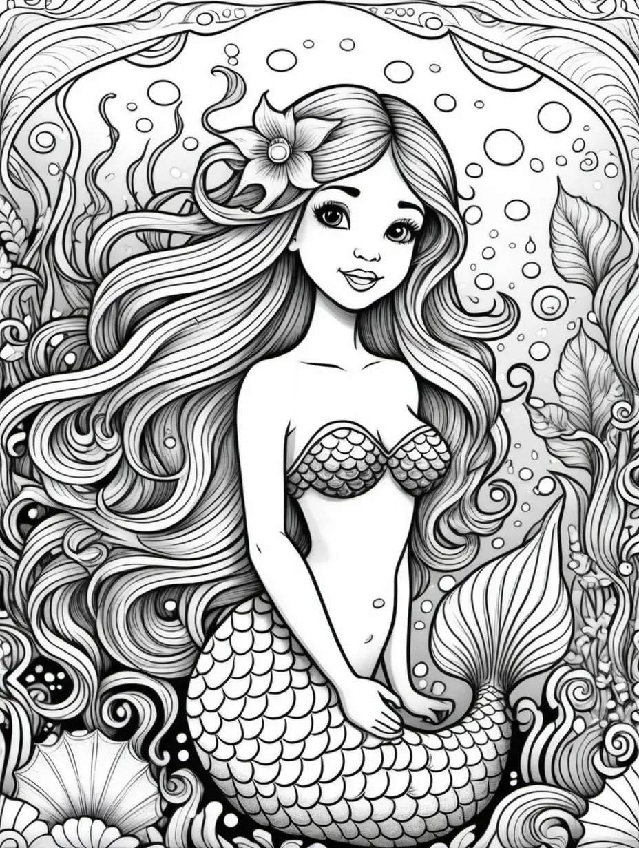 mermaid, black and white, children's coloring book, doodle floral art background, black and white, no shading, thick black lines, clean edges, full page, color by number