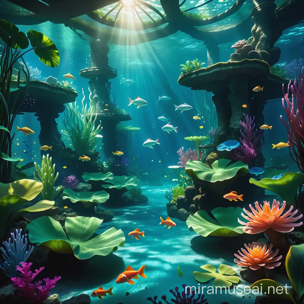 Enchanted Underwater Jungle Pond Scene with Magical Elements