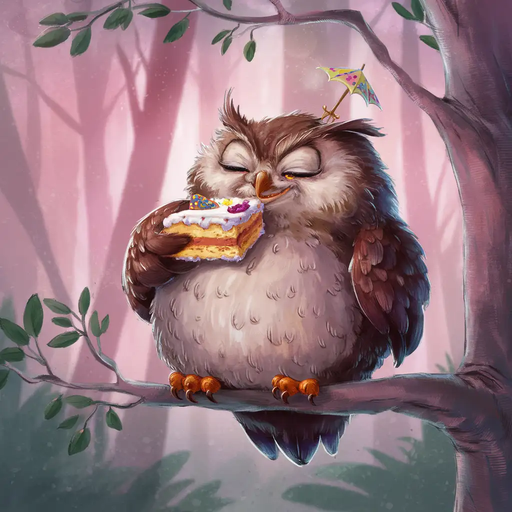 Chubby Owl Enjoying a Delicious Cake