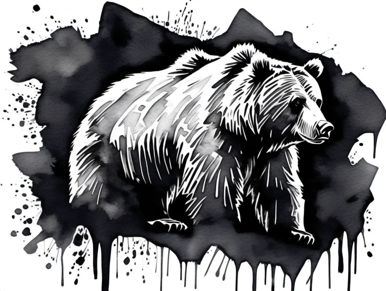 abstract grizzly bear, kids like drawing style, white blurry watercolor on black paper, main characteristics, watercolor on top