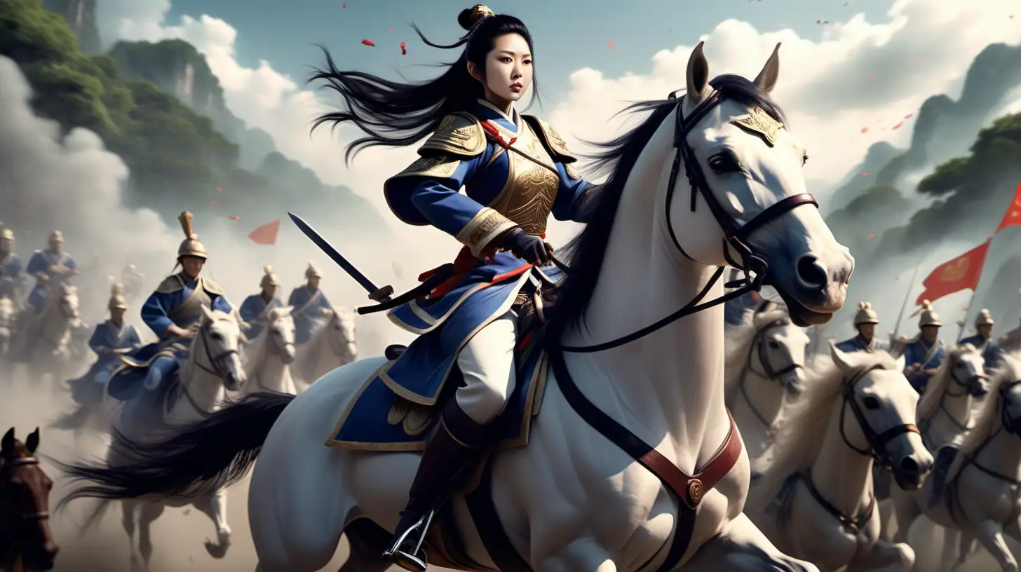 a MU gui Ying   ,  in the style of soft and dreamy depictions  : ON A HORSE, action, cinematic format, she is riding a horse on the front line with a military general on a battle. make it look like a battle , not a cute cartoons