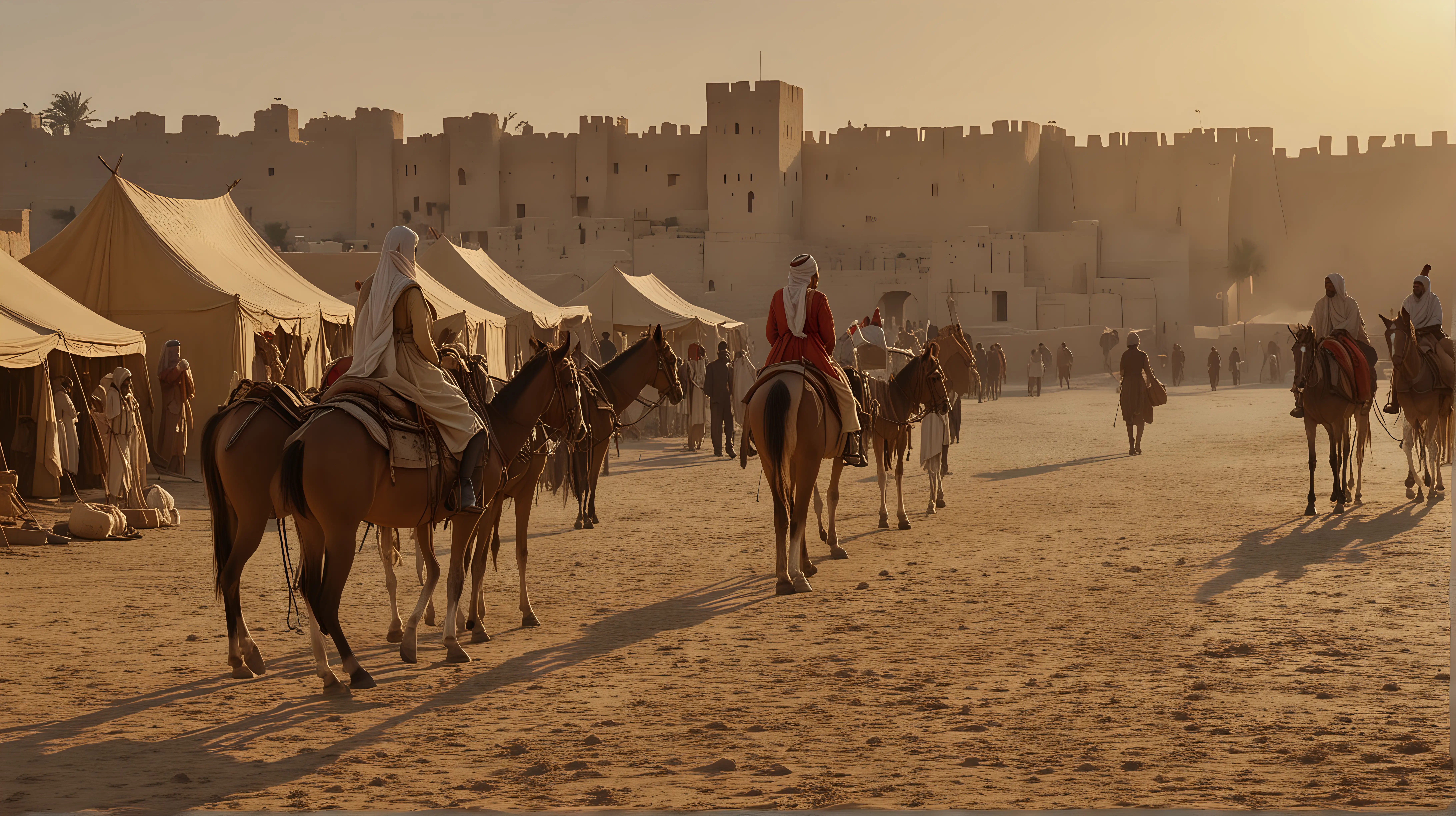 outside the city walls of Sheba, the Queen servants loading  tents and gifts on horses and donkeys, before their journey to meet king Salomon, four legs only camels and horses  richly adorned,, early dawn, soft light, close-up, very realistic and cinematic, Cecil B. de MIlle's Ten Commandment style 
