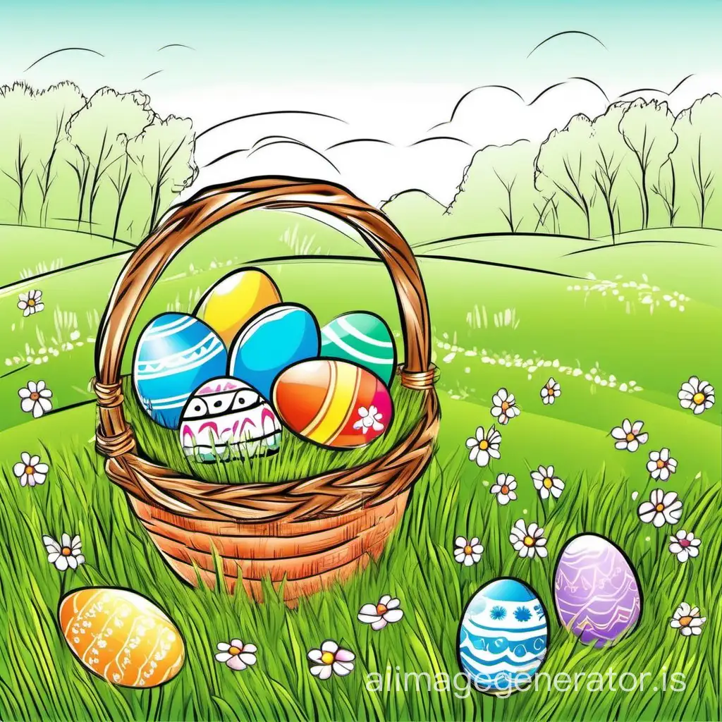 children's drawing for Easter basket with colored eggs in the meadow